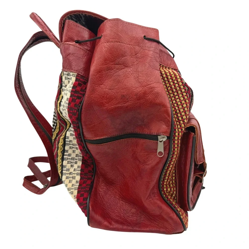 Vtg Moroccan Backpack Leather Woven Textile Kilim Handcrafted Tribal Boho Bag